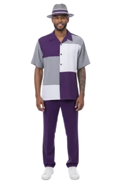 Solid Color Block Short Sleeve Walking Suit - Purple