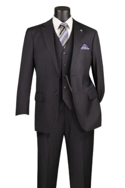 Sovana Collection - Regular Fit 3 Piece Suit 2 Button Tone on Tone Stripe in Black