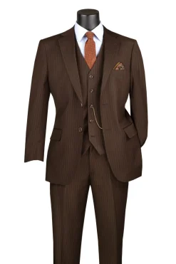 Sovana Collection - Regular Fit 3 Piece Suit 2 Button Tone on Tone Stripe in Brown