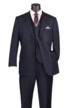 Sovana Collection - Regular Fit 3 Piece Suit 2 Button Tone on Tone Stripe in Navy