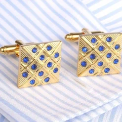 Square Diagonal Cross Blue Rhinestone Cufflinks