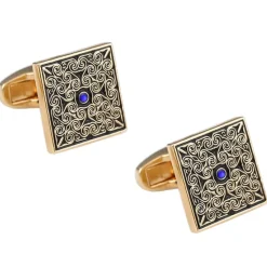 Square Sapphire Gold Floral Enamel Cufflinks