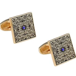 Square Sapphire Gold Floral Enamel Cufflinks