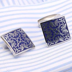 Square Vintage Blue Pattern Enamel Cufflinks