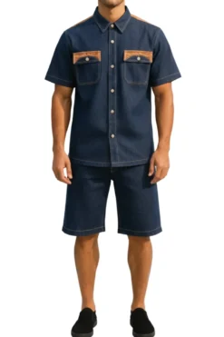 Stacy Adams - 2 Piece Indigo Short Sleeve Denim Style Set