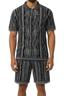 Stacy Adams - Black Wavy Striped Pattern Polo Short Set