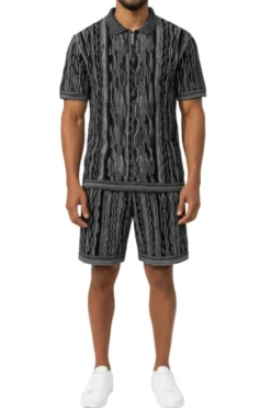 Stacy Adams - Black Wavy Striped Pattern Polo Short Set