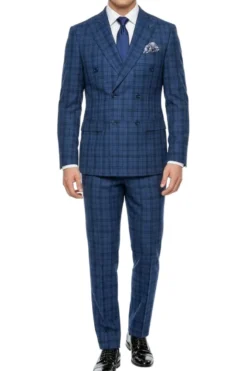 Stacy Adams - Blue Hybrid Fit 2 Piece Double Breasted Windowpane Plaid Suit
