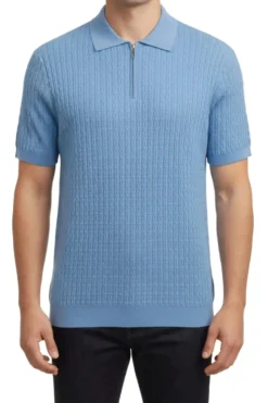 Stacy Adams - Blue Textured Ribbed Quarter Zip Polo