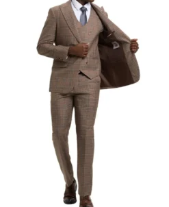 Stacy Adams - Brown 3 Piece 2 Button Plaid Peak Lapel Suit