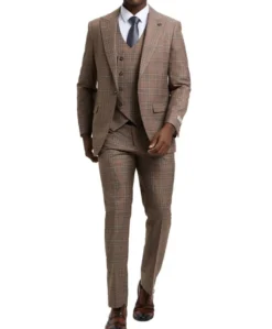Stacy Adams - Brown 3 Piece 2 Button Plaid Peak Lapel Suit