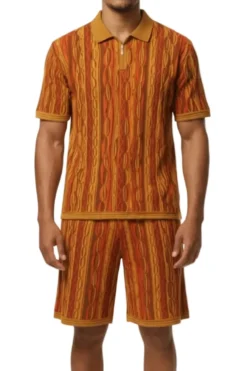 Stacy Adams - Brown Wavy Striped Pattern Polo Short Set
