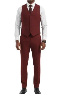 Stacy Adams - Burgundy Hybrid Fit Plaid 3 Piece Suit With Expandable Waist Band