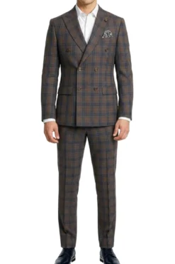 Stacy Adams - Gray Hybrid Fit 2 Piece Double Breasted Windowpane Plaid Suit