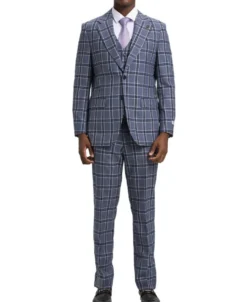 Stacy Adams - Hybrid Fit Plaid 3 Piece Grey Suit
