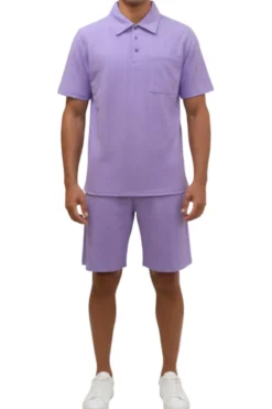Stacy Adams - Lavender Geometric Jacquard Pattern Polo Short Set