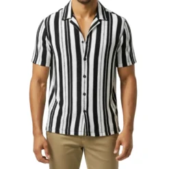 Stacy Adams - Men's Black Vertical Striped Collar Shirt