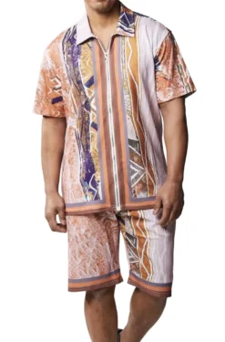 Stacy Adams - Men’s Brown Full Zip Walking Suit with Multi Color Shorts Set