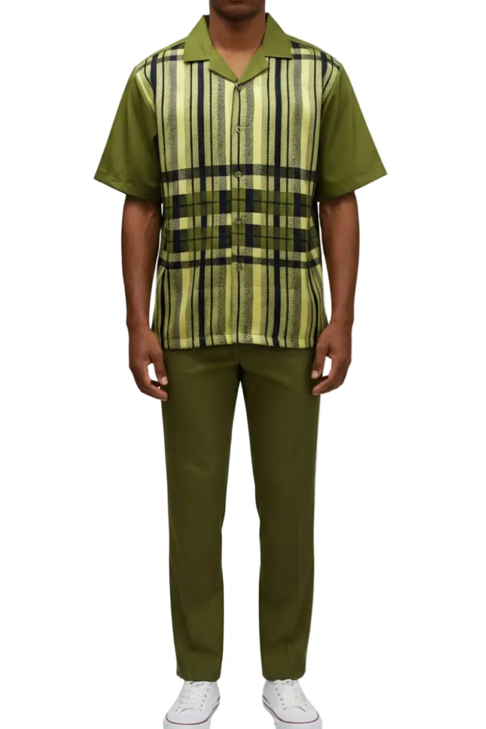 Stacy Adams - Olive Color-Block Plaid Panel Walking Suit Set