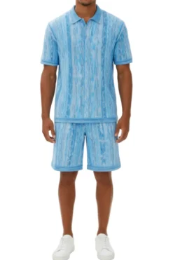 Stacy Adams - Turquoise Wavy Striped Pattern Polo Short Set