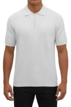 Stacy Adams - White Textured Ribbed Quarter Zip Polo