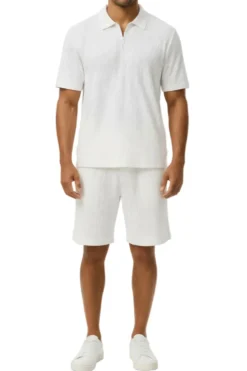 Stacy Adams - White Wavy Striped Pattern Polo Short Set