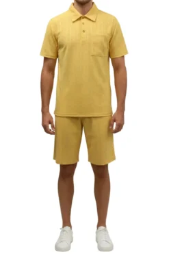 Stacy Adams - Yellow Geometric Jacquard Pattern Polo Short Set