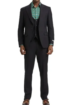 Stacy Adams - Black 3 Piece Hybrid Fit Suit With Expandable Waist Band