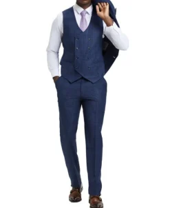 Stacy Adams - Blue 3 Piece 2 Button Plaid Peak Lapel Suit