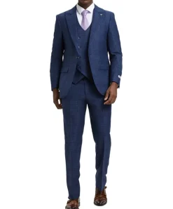 Stacy Adams - Blue 3 Piece 2 Button Plaid Peak Lapel Suit
