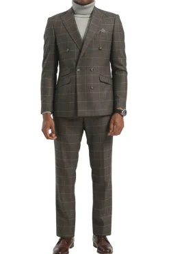 Stacy Adams - Brown Hybrid Fit Windowpane Double Breasted 2 Piece Suit With Expandable Waist Band