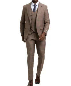 Stacy Adams - Brown 3 Piece 2 Button Plaid Peak Lapel Suit