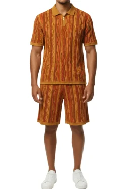 Stacy Adams - Brown Wavy Striped Pattern Polo Short Set