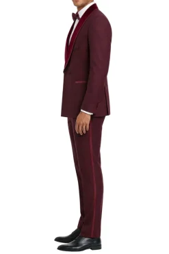 Stacy Adams - Burgundy 2-Piece Hybrid Fit Double Breasted Shawl Velvet Lapel Tuxedo