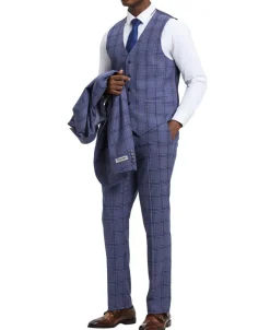 Stacy Adams - Hybrid Fit Plaid 3 Piece Purple Suit