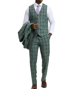 Stacy Adams - Hybrid Fit Plaid 3 Piece Green Suit