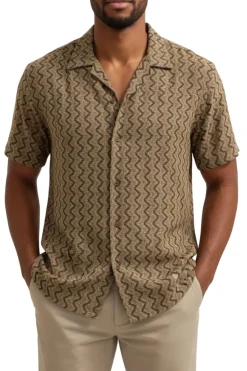 Stacy Adams - Men's Brown Textured Wave Pattern Shirt