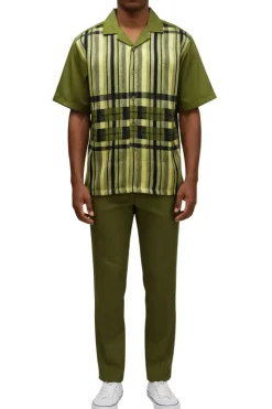 Stacy Adams - Olive Color-Block Plaid Panel Walking Suit Set