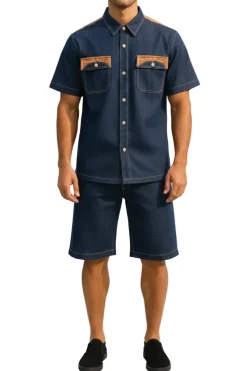 Stacy Adams - 2 Piece Indigo Short Sleeve Denim Style Set