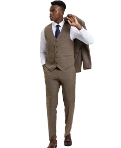 Stacy Adams - 3 Piece Suit Glen Plaid Hybrid Fit Notch Lapel in Brown with Adjustable Waistband