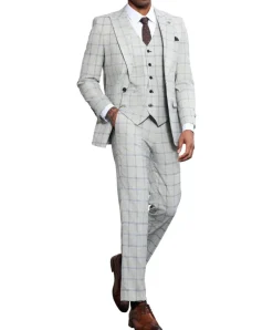 Stacy Adams - 3 Piece Windowpane Suit Hybrid Fit in Light Grey