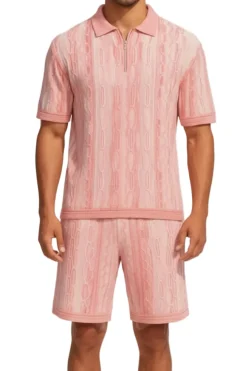 Stacy Adams - Pink Wavy Striped Pattern Polo Short Set