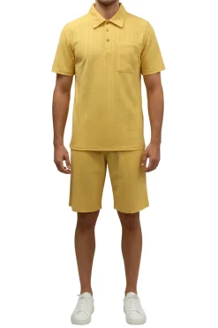 Stacy Adams - Yellow Geometric Jacquard Pattern Polo Short Set