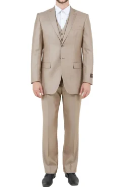 Stone Khaki 3 Piece Modern Fit Suit 2 Button V-Neck Vest