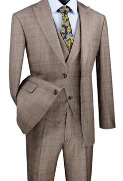 Tan Modern Fit Glen Plaid 2 Button Peak Lapel 3 Piece Suit