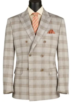 Tan Regular Fit Glen Plaid Double Breasted Blazer