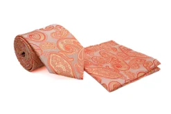 Tangerine Paisley Pattern Men's Tie and Pocket Square Set