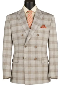 Tan Regular Fit Glen Plaid Double Breasted Blazer