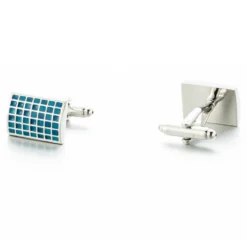Teal Blue Checkered Engraved Cufflinks