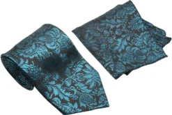 Teal Blue Floral Pattern Men's Classic Tie and Pocket Square Set